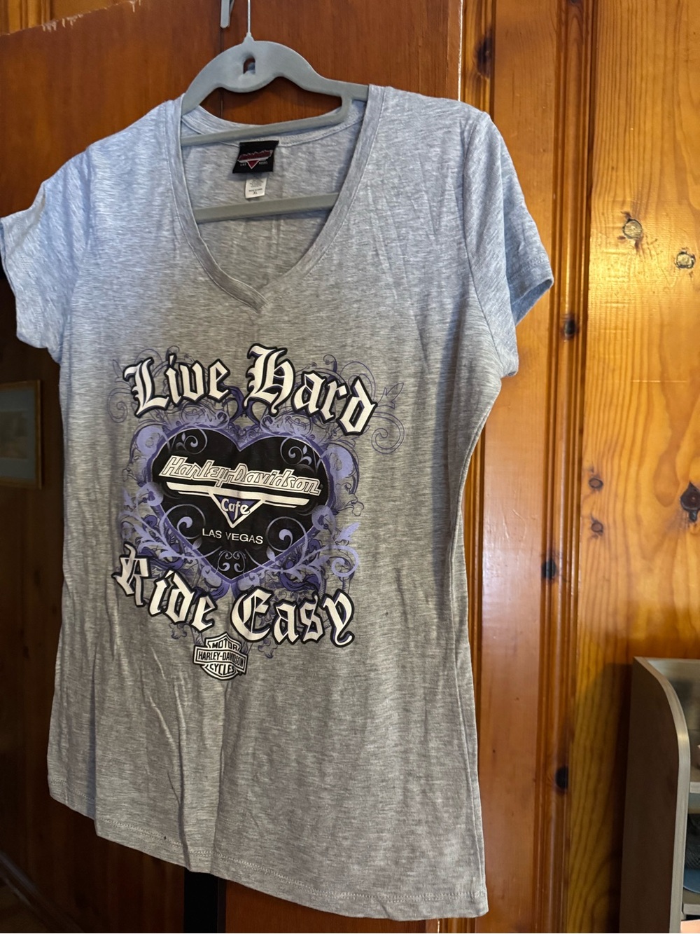 Harley-Davidson Gray V-Neck Tee with Purple Accent Graphic